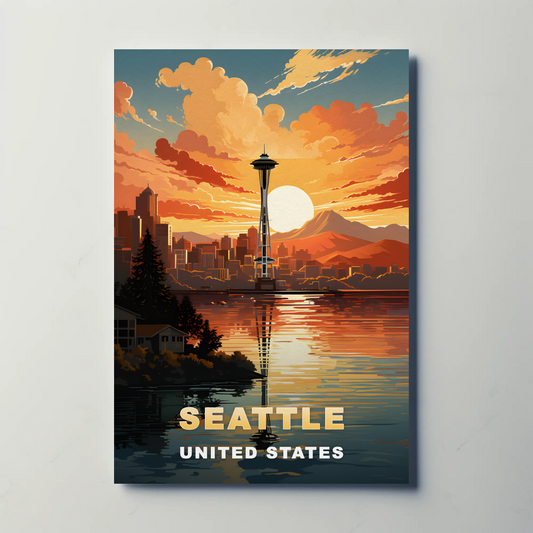 Seattle Washington Space Needle Sunset Vintage Travel Poster