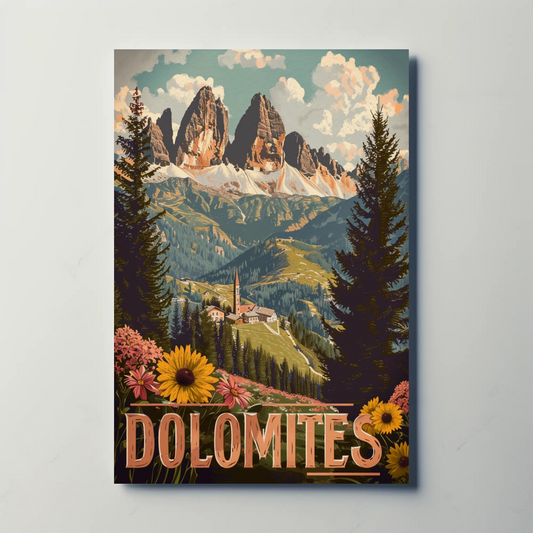 Dolomites Village Flower Meadow Travel Poster