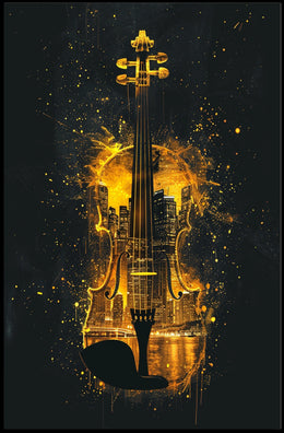 Golden Urban Cityscape Melodic Symphony Violin Silhouette Art Deco Impressionism Elegance Poster