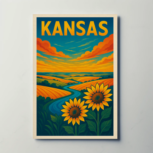 Kansas Sunflower Fields River Prairie Landscape Travel Poster
