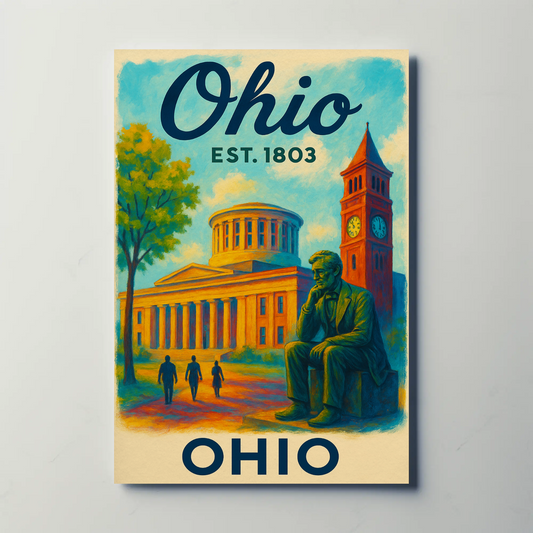 Ohio Capitol Clocktower Statue Walkway History Vintage Travel Poster