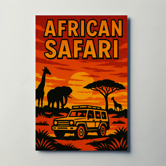 African Safari Jeep Sunset Wildlife Poster Poster