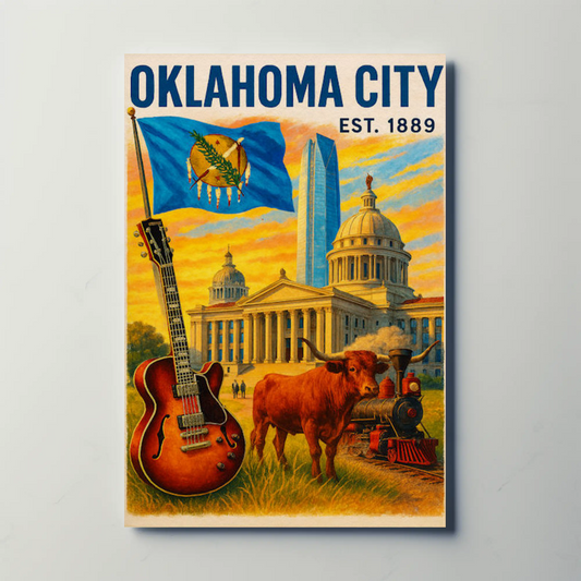 Oklahoma City Skyline Capitol Longhorn Train Historic Travel Poster Travel Poster