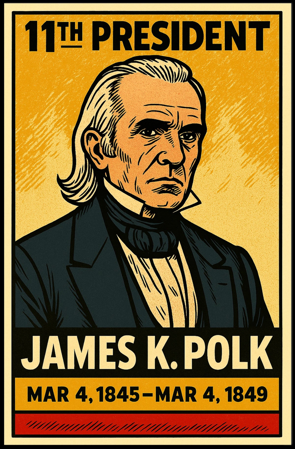 James K. Polk 11th President of the United States Inked Comic Style Poster