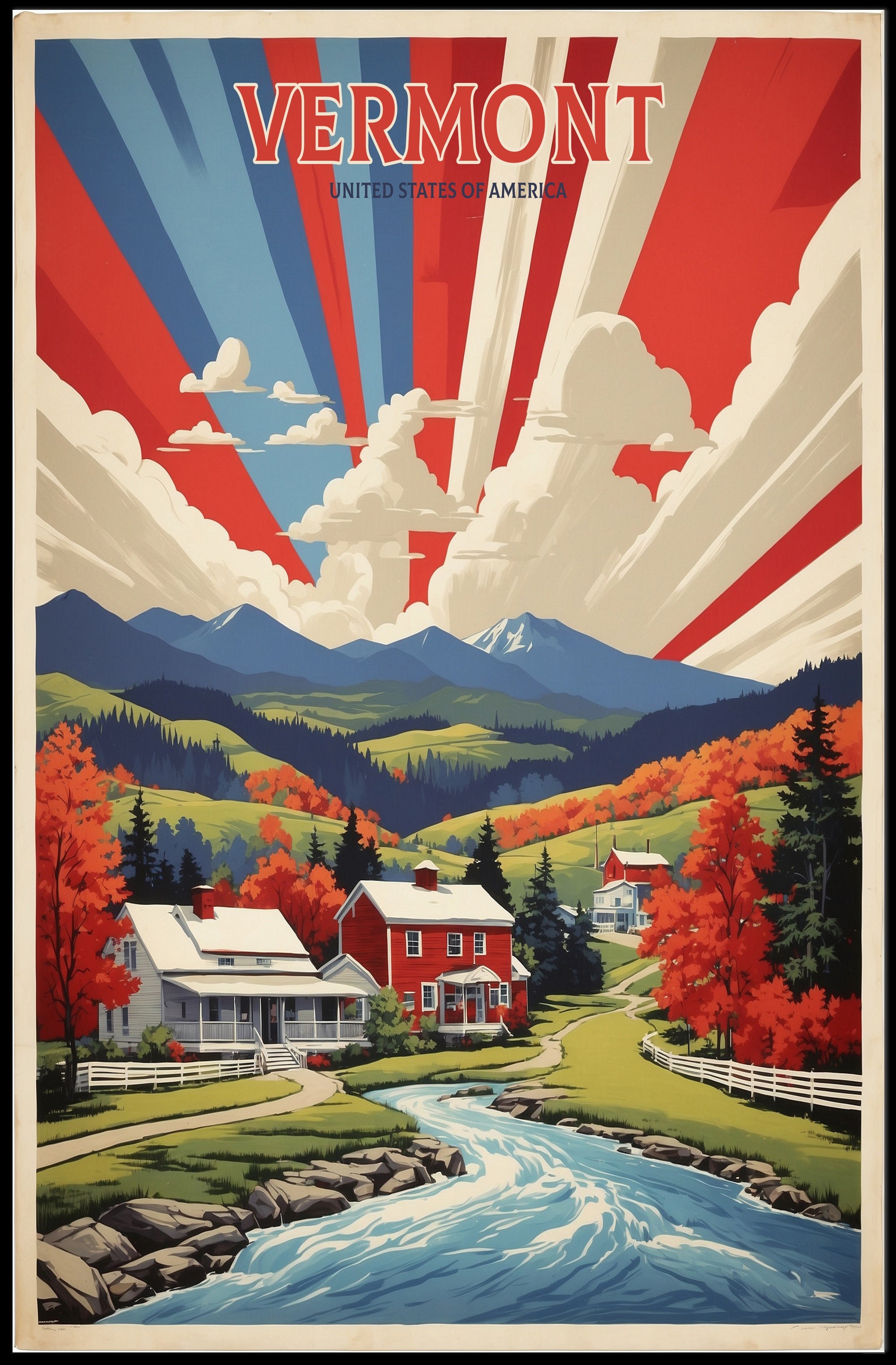 Vibrant Vermont Landscape: Vintage Travel Poster