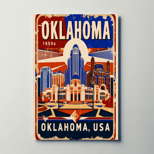 Oklahoma USA 1950s Art Deco Capitol Vintage Travel Poster