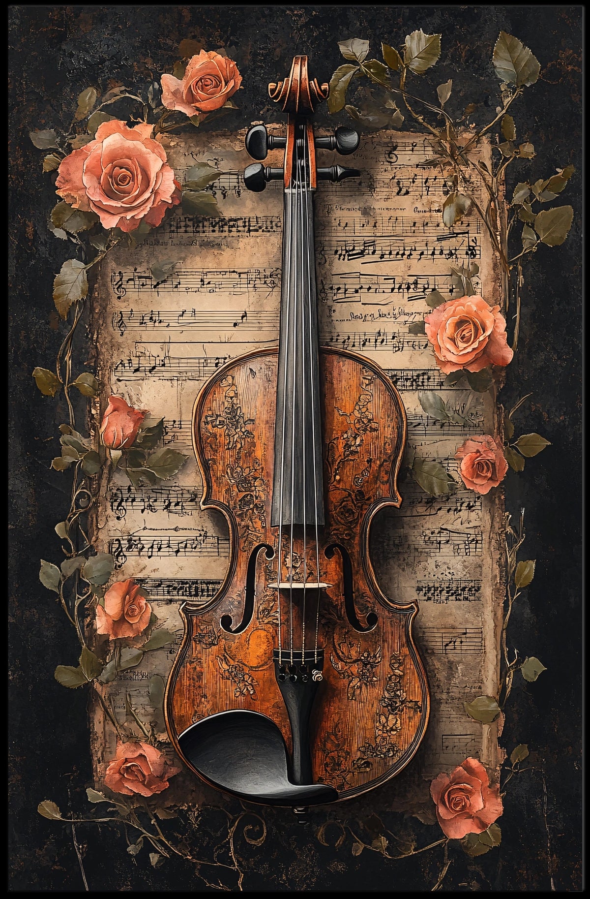 Elegant Violin and Roses Art Print for Artistic Poster