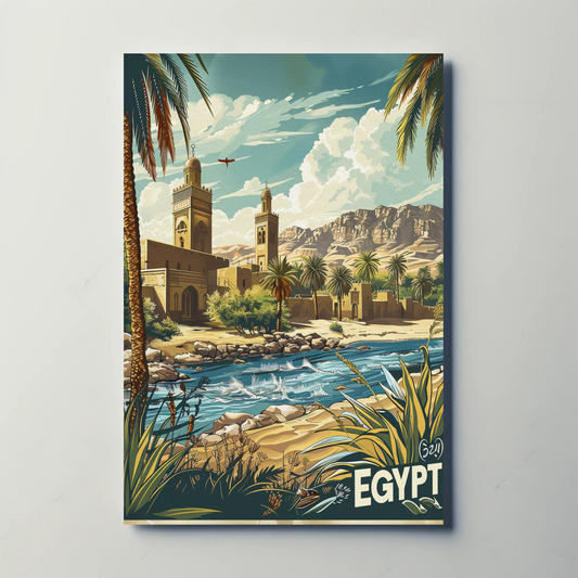Egypt Desert Mosque and River Travel Poster