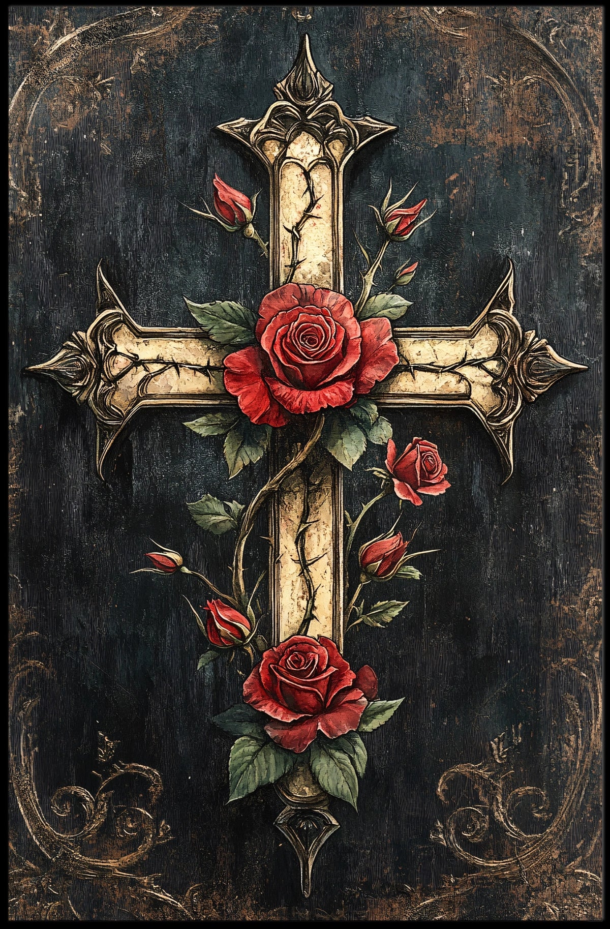 Ornate Cross with Roses Christian Spiritual Cultural Heritage Poster