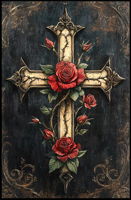Ornate Cross with Roses Christian Spiritual Cultural Heritage Poster