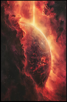 Cosmic Majesty: Fiery Planet in Nebula Poster PosterGoat