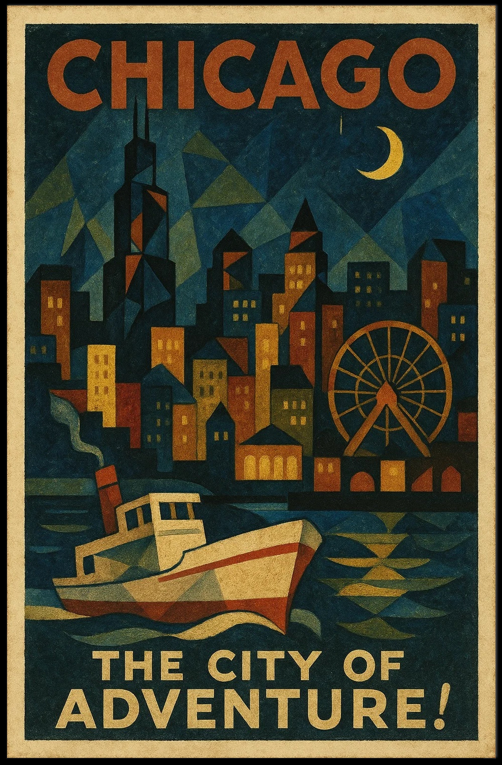 Chicago Nighttime Skyline Vintage Travel Poster