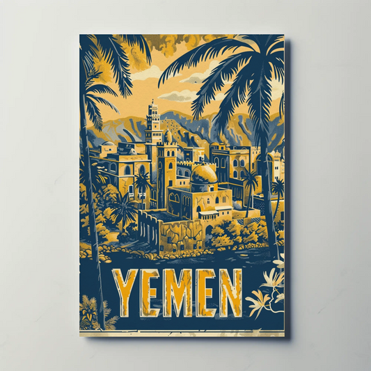 Yemen Sunset Palms and Architecture Travel Poster