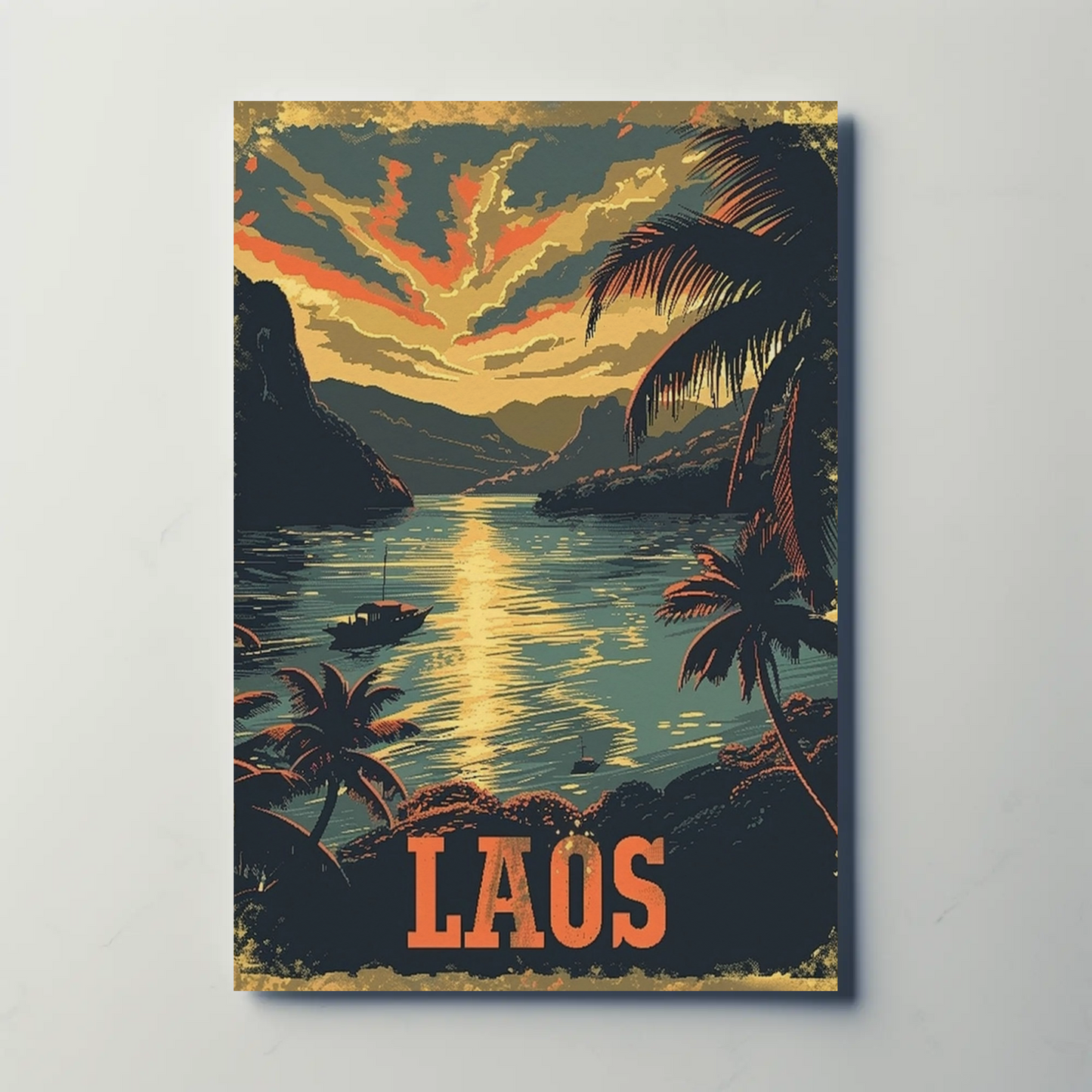 Laos River Sunset Palm Trees Landscape Travel Poster