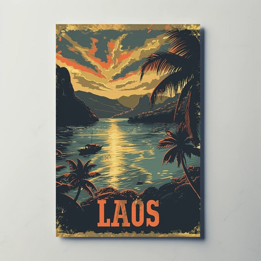 Laos River Sunset Palm Trees Landscape Travel Poster