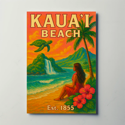 Kauai Beach Hawaii Waterfall Turtle Est 1855 Vintage Travel Poster