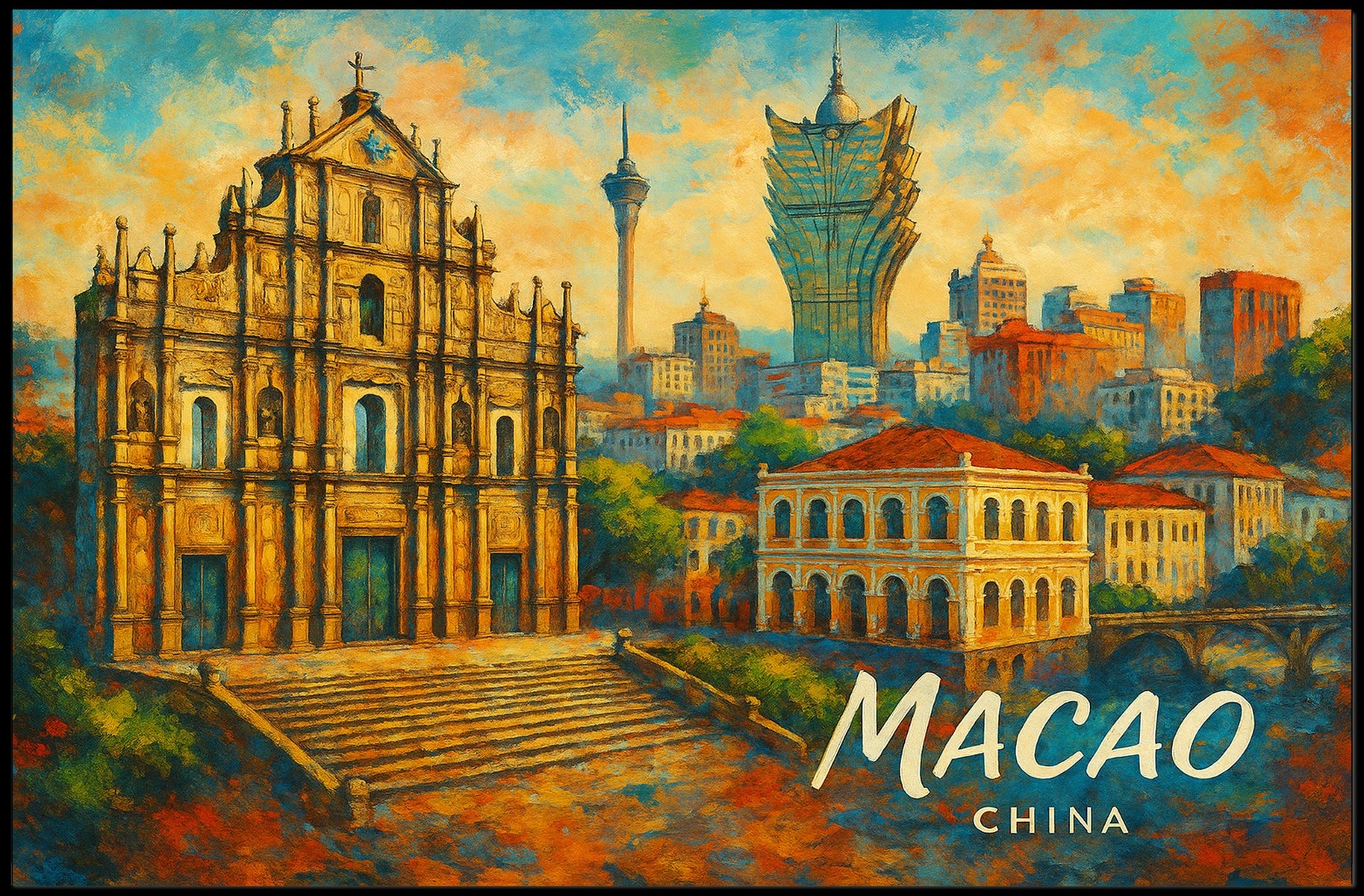 Macao Cityscape Vibrant Night View Digital Painting Poster