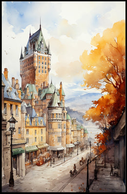Historic Quebec City Castle European-Style Street Travel Poster