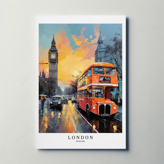 London England Big Ben Red Bus Sunset City Travel Poster
