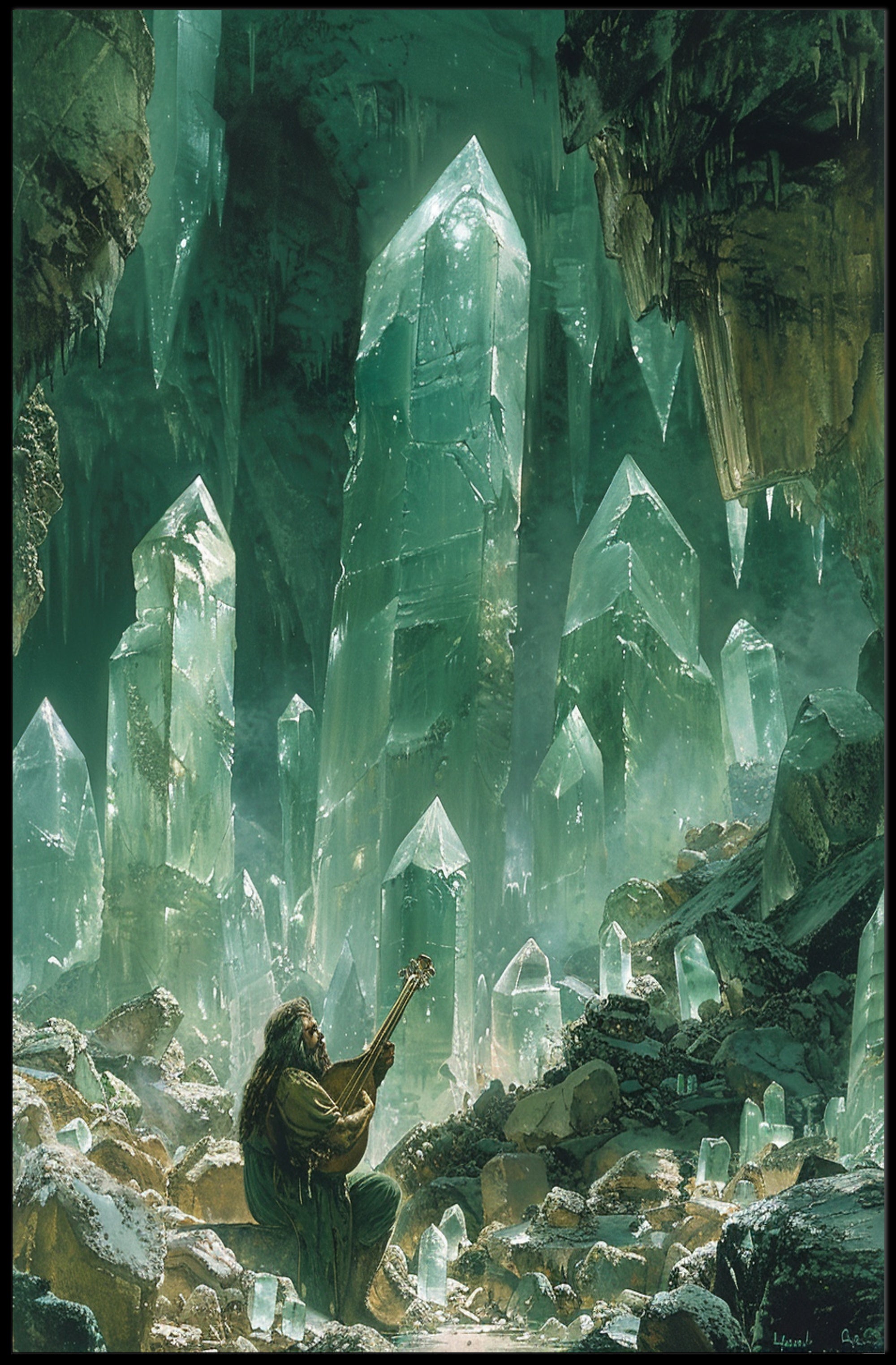 Fantasy Cavern Musician: Enchanting Crystals - Fantasy or Mythology Poster PosterGoat