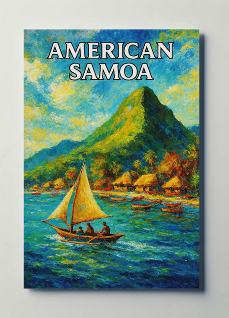 American Samoa Sailing Boats Mountain Coast Travel Poster