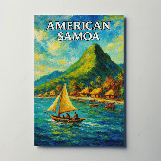 American Samoa Sailing Boats Mountain Coast Travel Poster