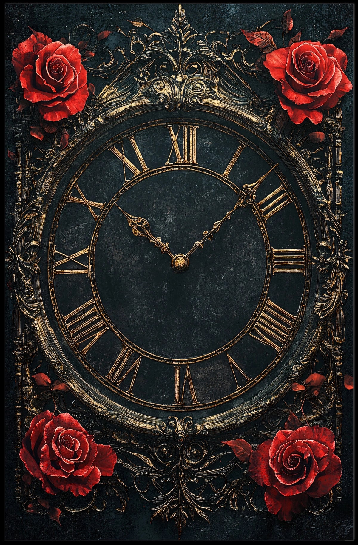 Vintage Roman Clock with Roses Artistic Poster