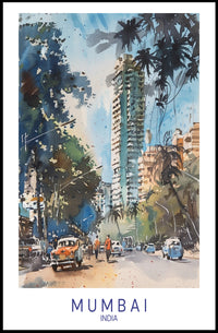 Mumbai's Vibrant Watercolor Cityscape with Energetic Urban or Cityscape Poster PosterGoat