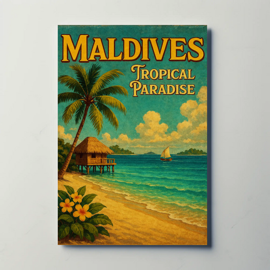 Maldives Tropical Hut With Sailboat Scene Travel Poster