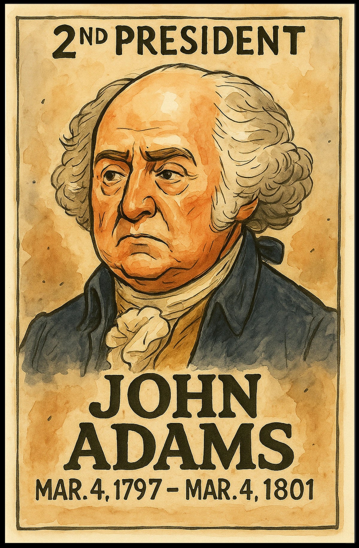 John Adams 2nd President of the United States Exaggerated Cartoon Sketch Poster