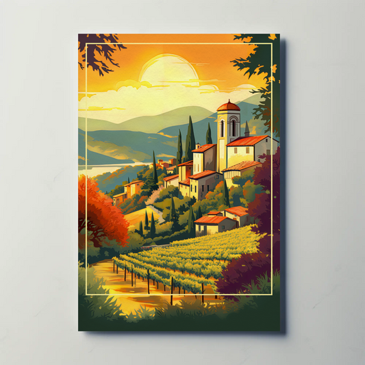 Sunset Vineyard And Tuscan Hillside Travel Poster