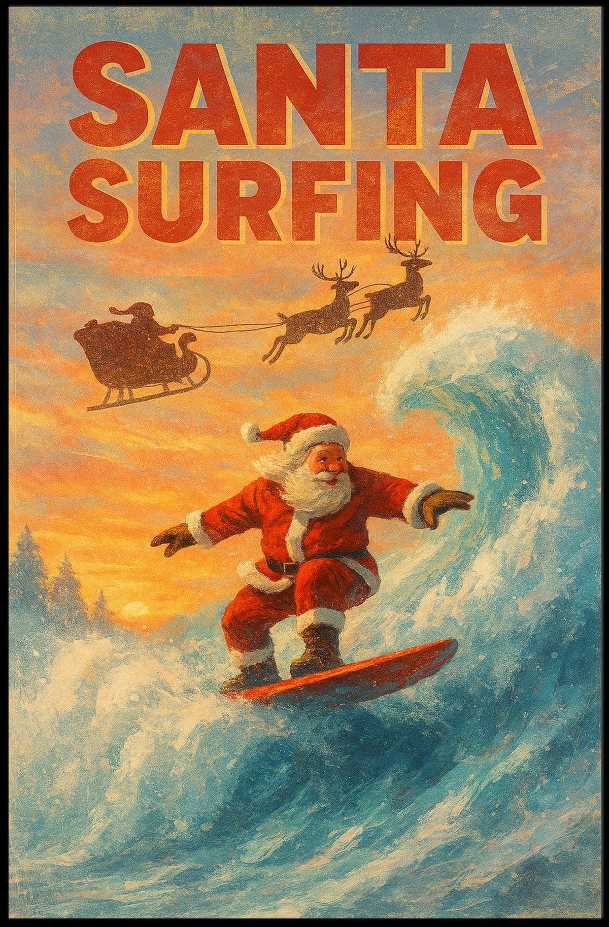 Santa Surfing Vintage Christmas Beach Poster
