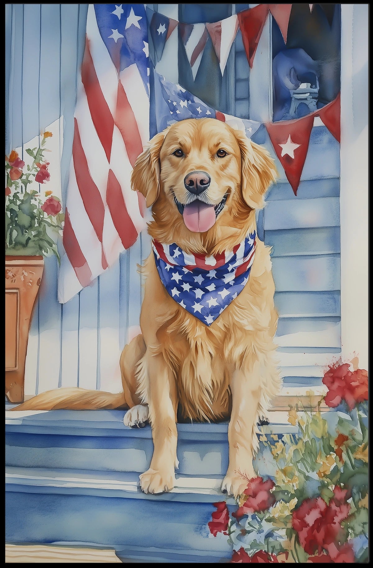 Golden Retriever With American Flag Bandana Poster