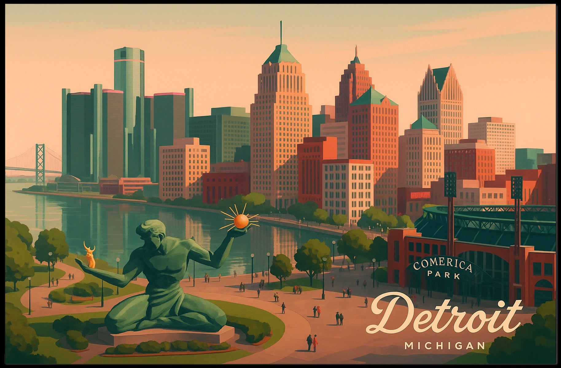 Detroit Skyline Comerica Park Night Urban Poster