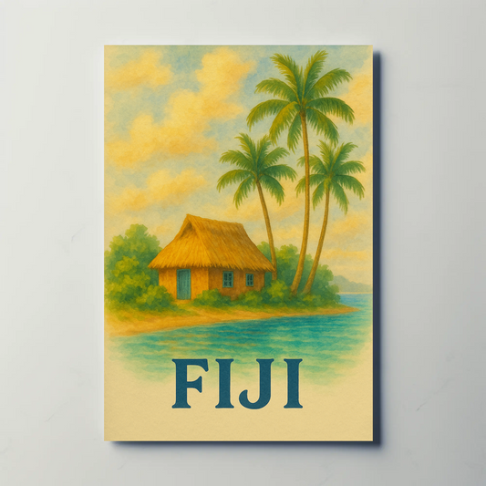 Fiji Tropical Hut Coastline Travel Poster