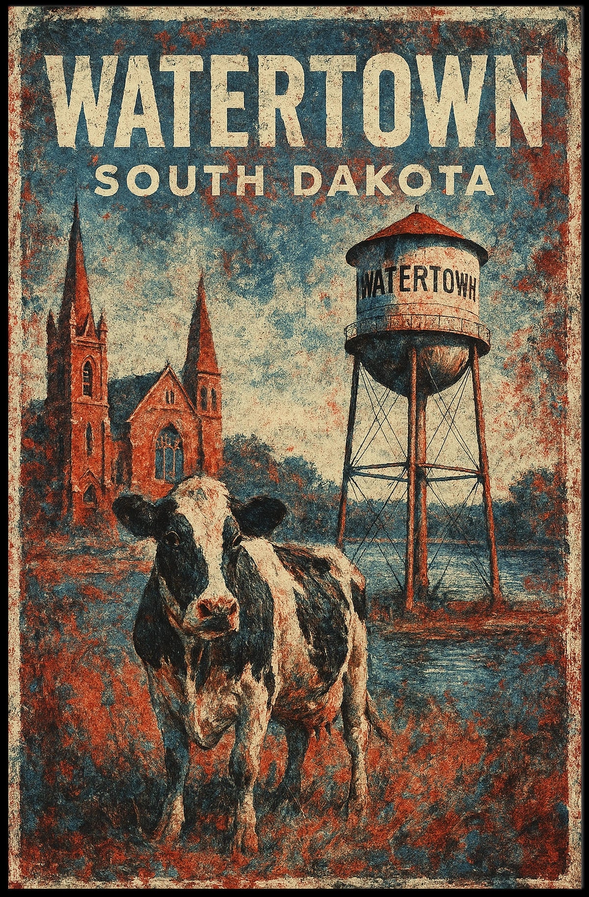 Watertown South Dakota Rustic Charm Travel Rural Scenic Prairie Heritage Folk Art Wanderlust Poster