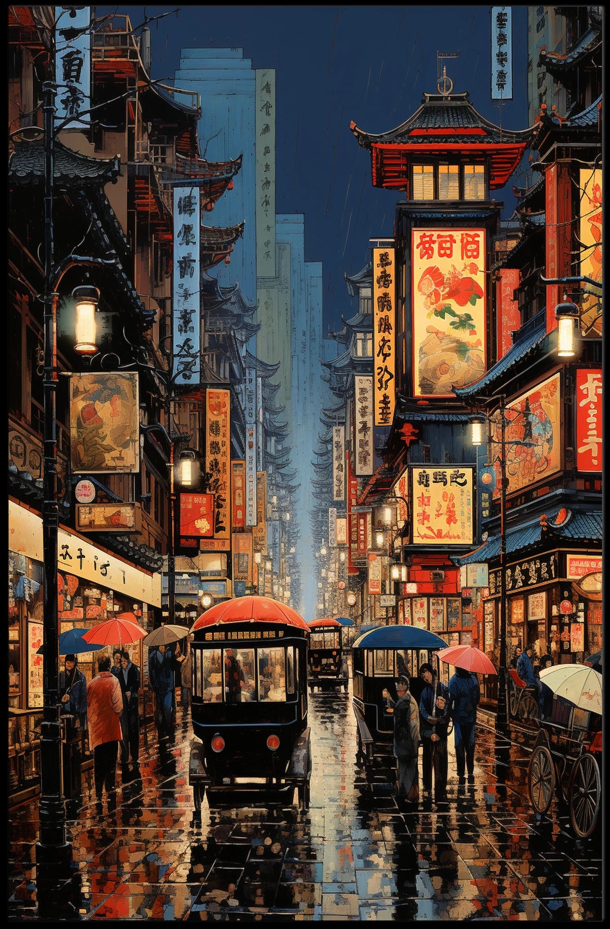 Vibrant Asian City Street Scene Historical Heritage Poster