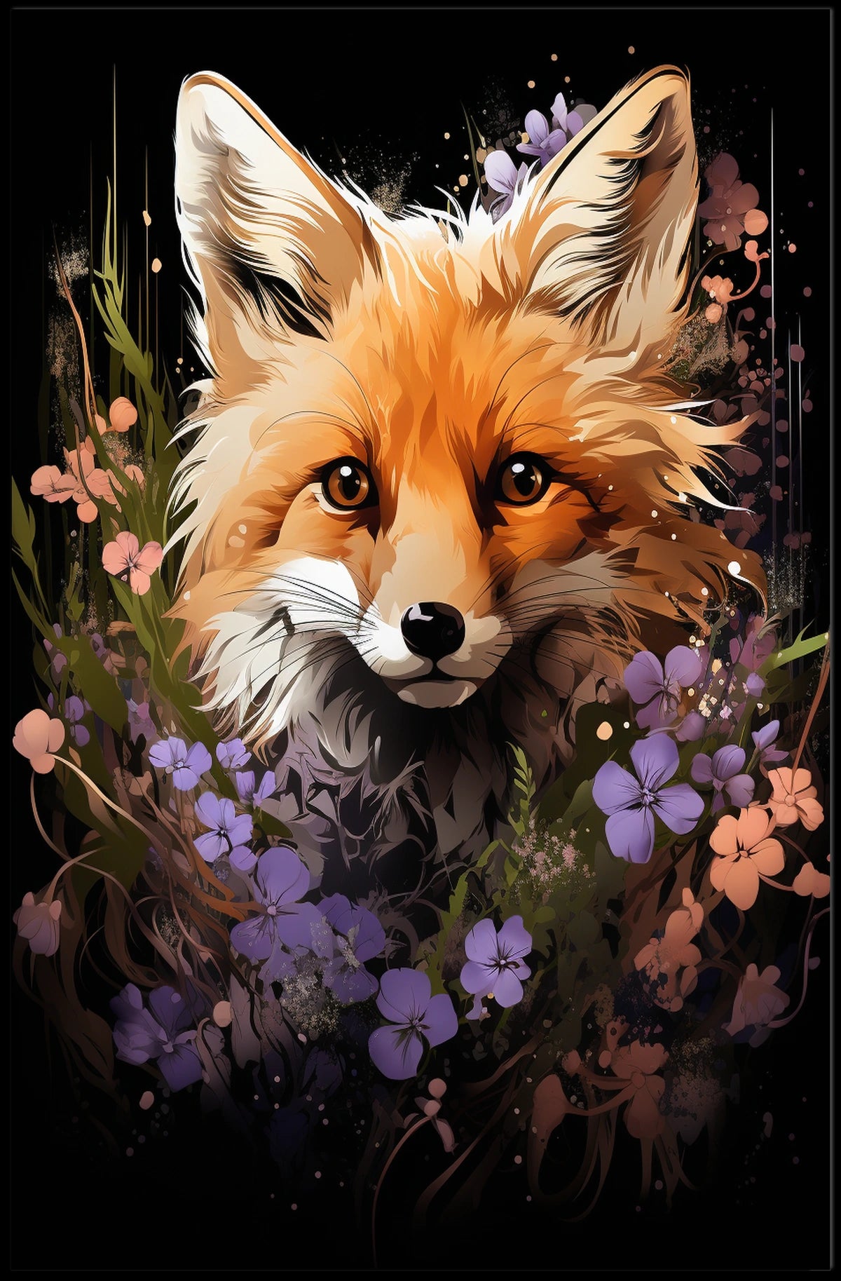 Fox Portrait with Vibrant Floral Surroundings