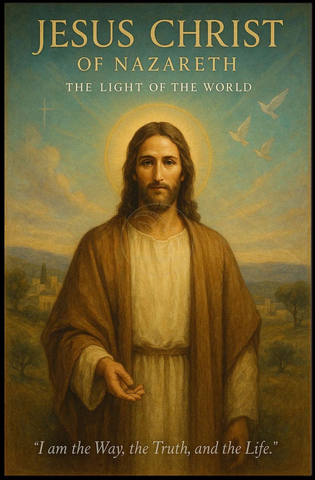 Jesus Christ Serenity in Pastoral Landscape Religious Poster