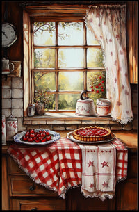 Cozy Grandma Kitchen With Cherry Pie Scene Vintage Poster