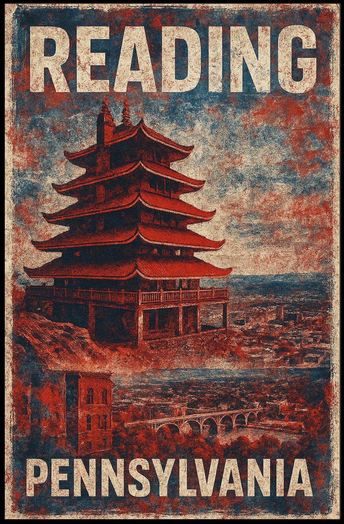 Reading Pennsylvania Pagoda Vintage Travel Poster