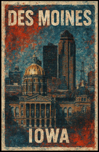 Des Moines Cityscape Vintage Travel Home Decor Poster