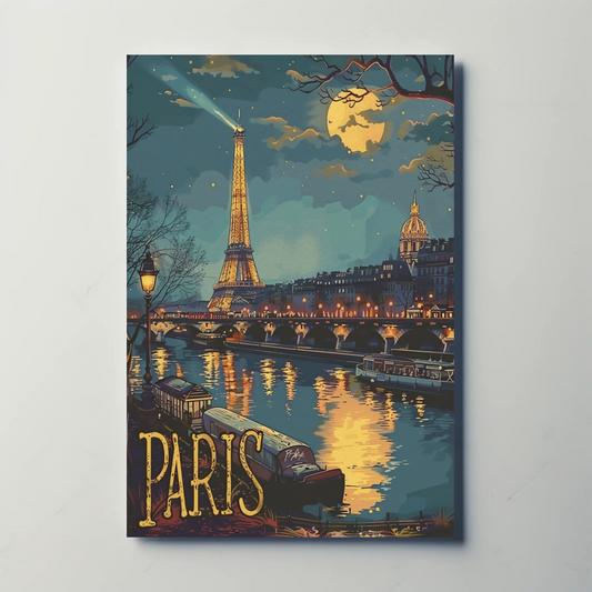 Paris Eiffel Tower Night Lights River Travel Poster