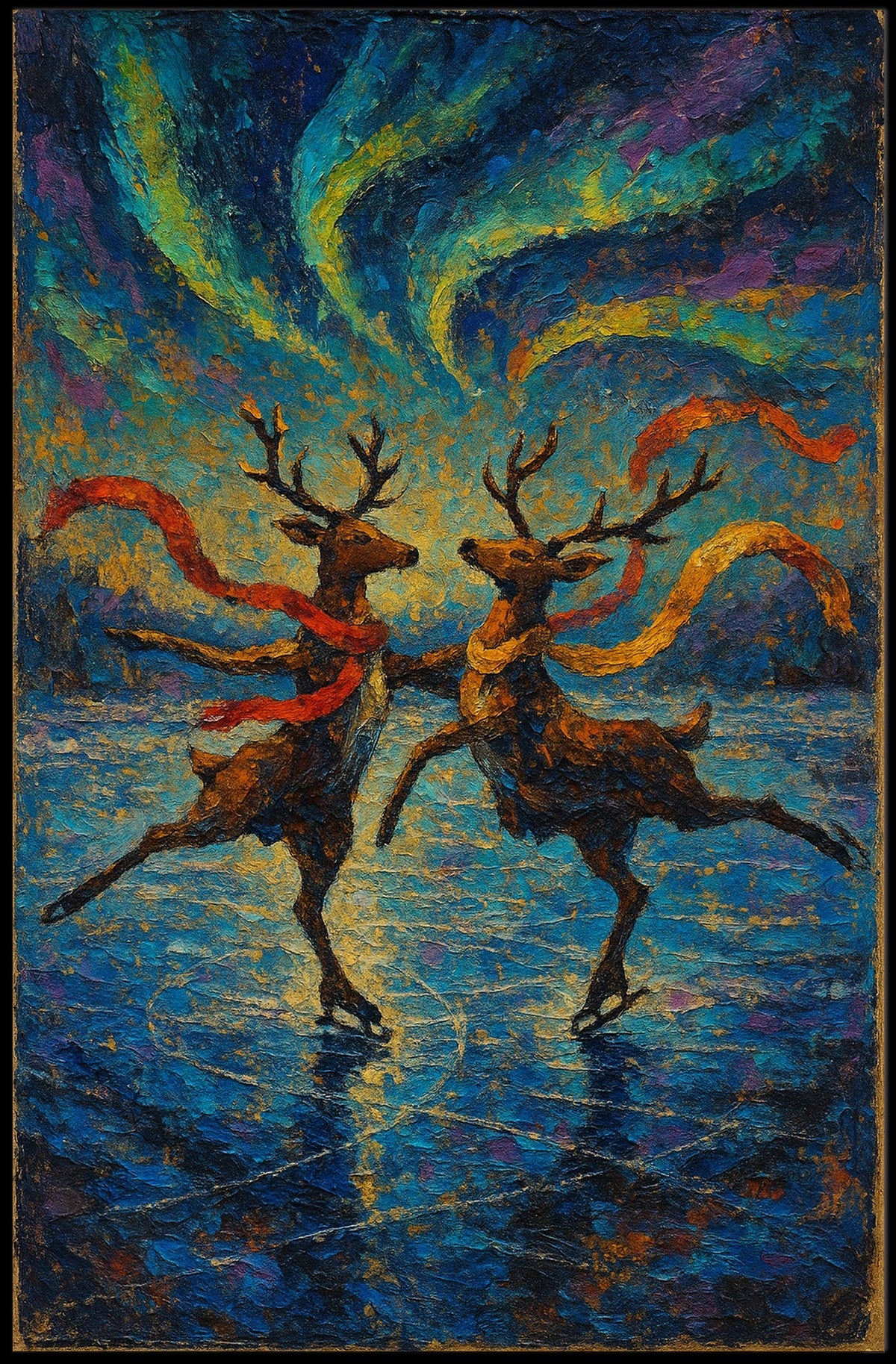 Vibrant Reindeer Skating Aurora Borealis Artistic Poster