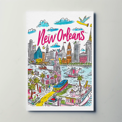 New Orleans Louisiana Colorful Riverside Cityscape Travel Poster