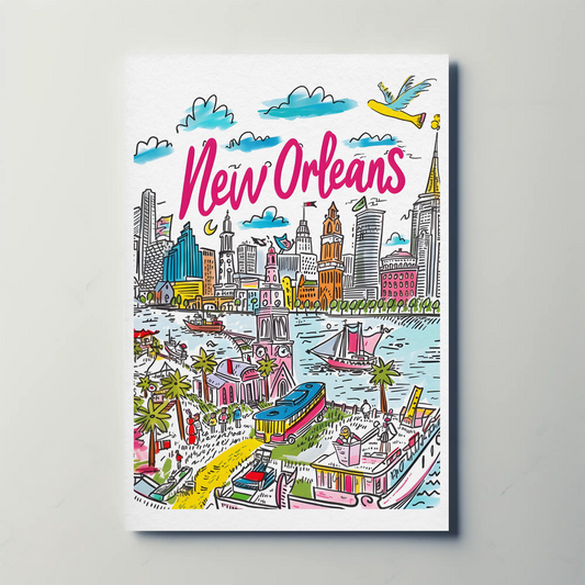 New Orleans Louisiana Colorful Riverside Cityscape Travel Poster