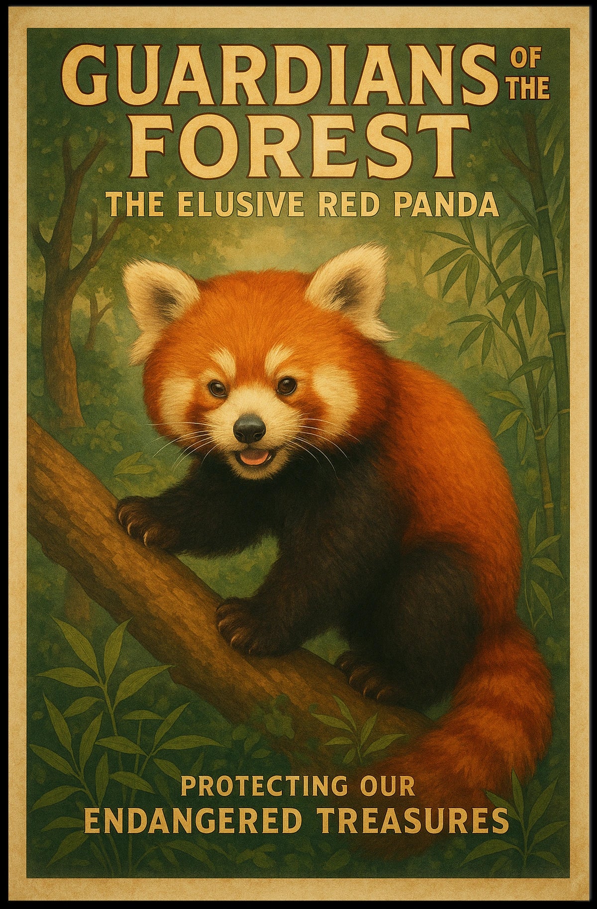 Red Panda Conservation Art Print: Vintage Illustration Animal Poster