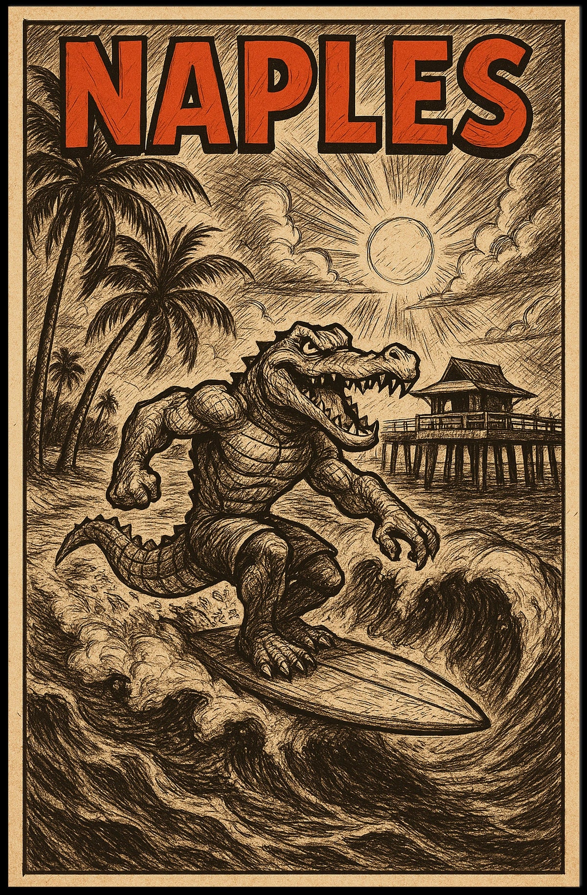 Coastal Surfing Alligator In Naples Poster Wall Art