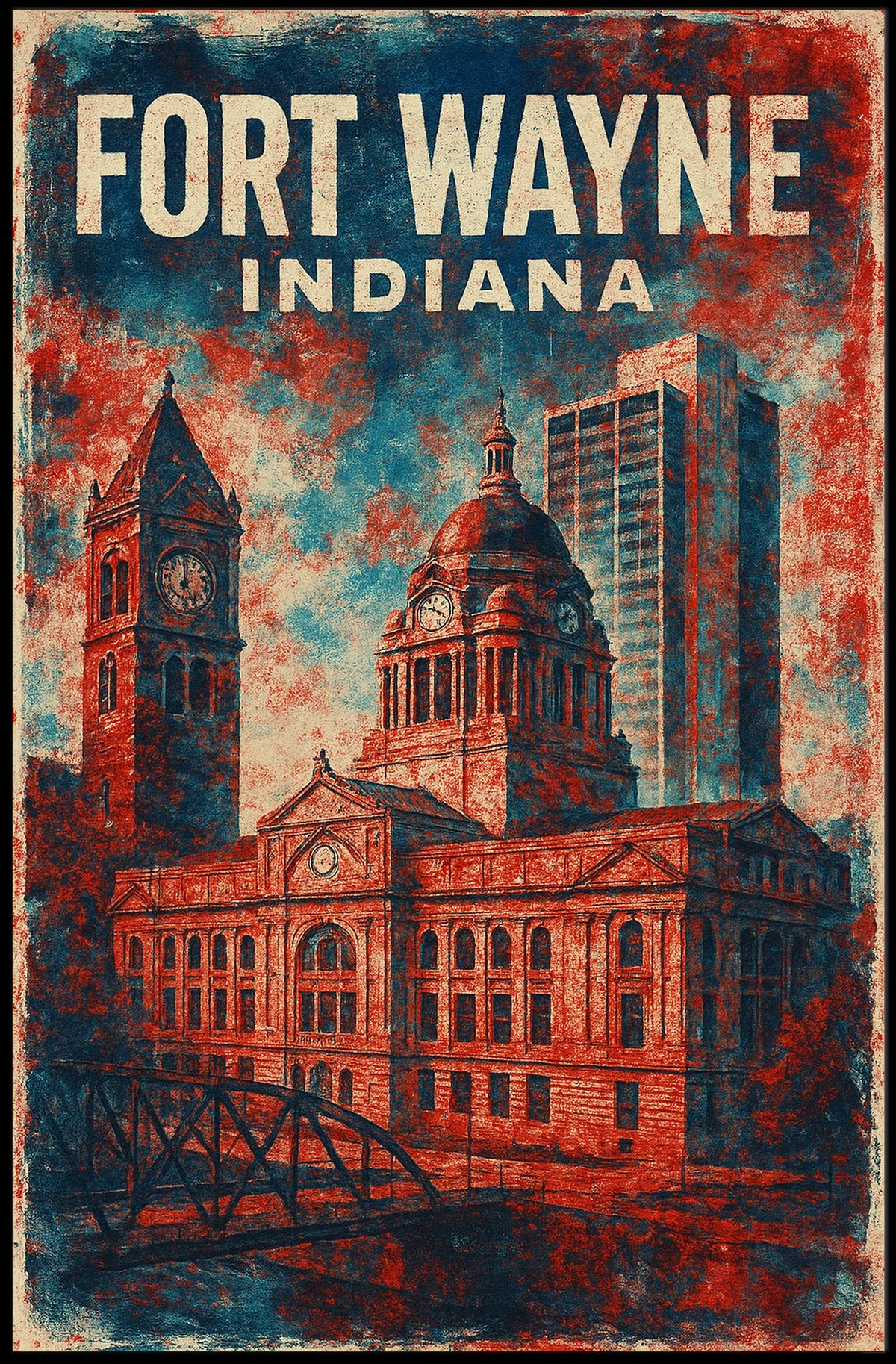 Fort Wayne Retro Cityscape Travel Poster