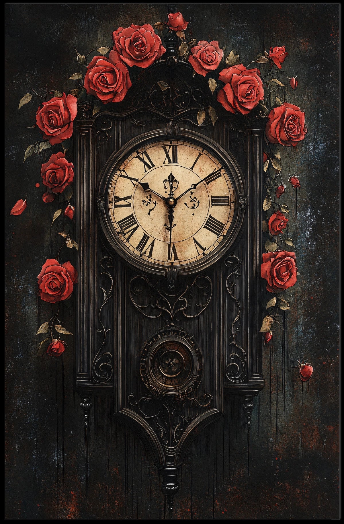 Vintage Wall Clock with Roses Artistic Poster